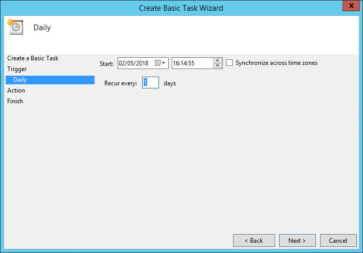 Create Basic Task Wizard screen with Daily highlighted under the Trigger step on the left, with a field to set the start date and time for the task, an option to Synchronize across time zones, and a field to set the recurrence in days on the right, as well as a Back button, a Next button, and a Cancel button at the bottom right of the screen and a Close button in the top right corner